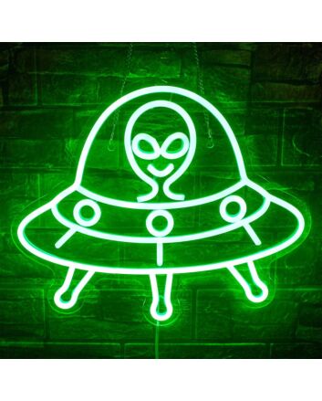 Green UFO Neon Sign Alien Theme Kids Room