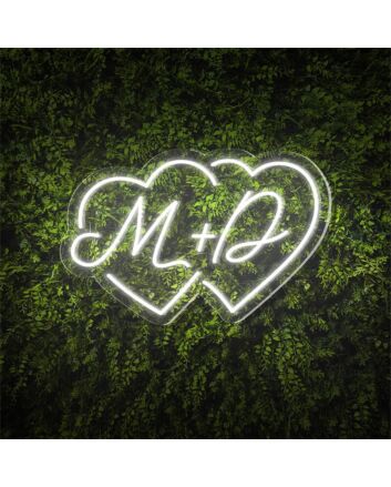 Add a Romantic Glow to Your Wedding, Anniversary, or Bedroom with the Couple Initials Heart Shapes M D Personalized LED Neon Sign.