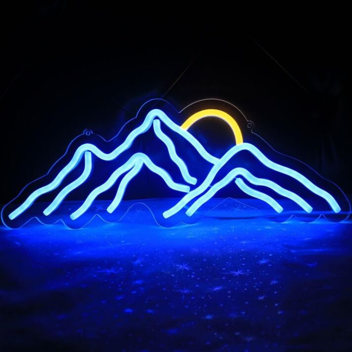 Brighten Up Your Bar, Office, or Wedding Venue with the Deep Blue Junk Mountain And Golden Sun Neon Sign.