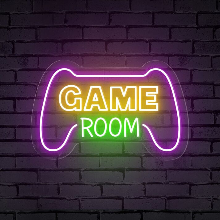 Enhance your gaming sanctuary or add a cool vibe to parties with the Game Room Words Console Controller Neon Sign.
