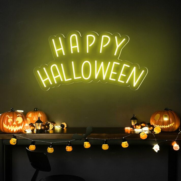 Brighten your spooky celebrations and home decor with the Happy Halloween Words Halloween Neon Sign - Perfect for parties, haunted houses, and themed bars.