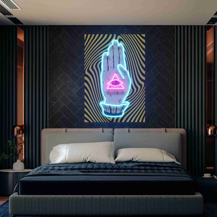 Brighten Your Space with the Hand With All Seeing Eye Pyramid Led UV Neon Sign - Perfect for Home Decor, Office Ambiance, and Themed Parties