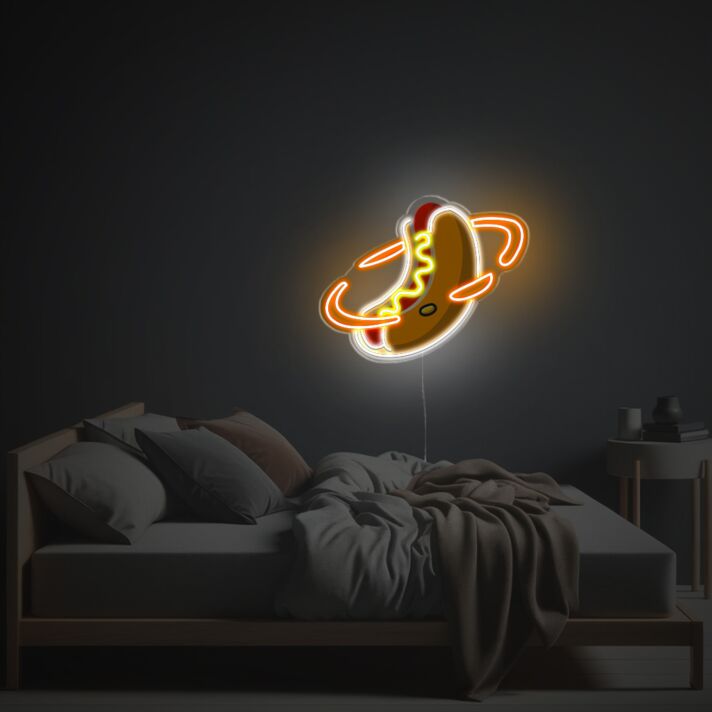 Brighten Your Bar, Diner, or Kitchen with Hot Dog Planet LED Neon Acrylic Artwork, Perfect for Foodies and Fun Ambiences.