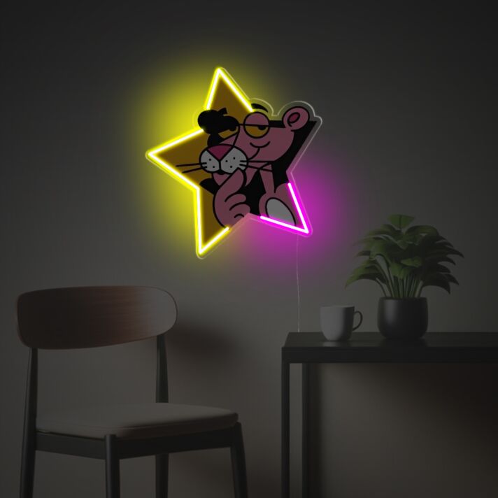 Brighten Up Your Bar, Office, or Wedding with Playful Pink Panther With Yellow Star LED Neon Acrylic Artwork.