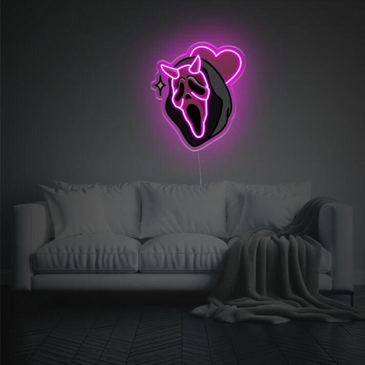 Brighten Your Bar or Event with Scream Mask With Pink Heart LED Neon Acrylic Artwork - Perfect for Adding a Unique Touch to Celebrations and Spaces.