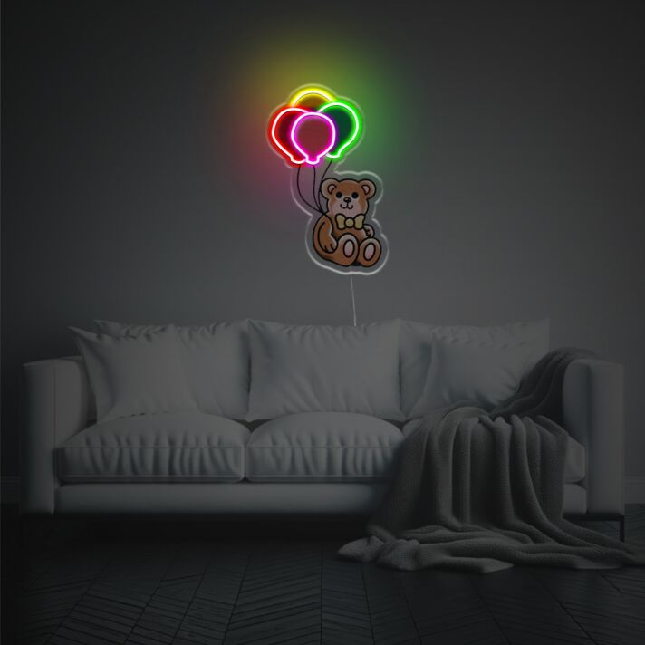 Brighten Your Child's Room, Play Area or Birthday Celebrations with Teddy Bear With Colorful Balloons LED Neon Acrylic Artwork.