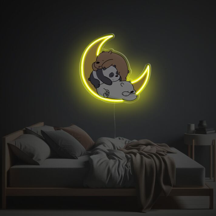 Brighten Your Nursery or Celebrate Special Moments with Three Bears Sleeping On The Moon LED Neon Acrylic Artwork for Home Decor, Baby Showers, and Birthdays.