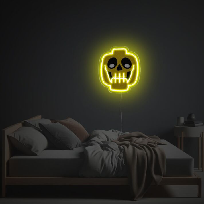 Brighten Up Your Space: Yellow Skullful Lego Man Head LED Neon Acrylic Artwork – Perfect for Home Decor, Bars, and Themed Parties