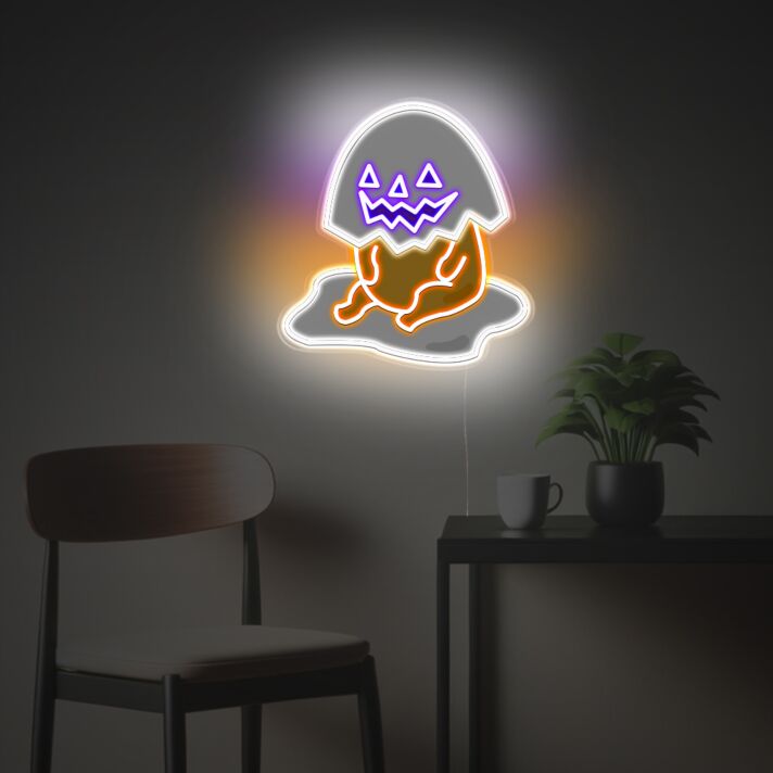 Add a Spooky Glow to Your Halloween Festivities and Decor with the Yolk Man With Halloween Egg LED Neon Acrylic Artwork in Bars, Parties, and Home Settings.