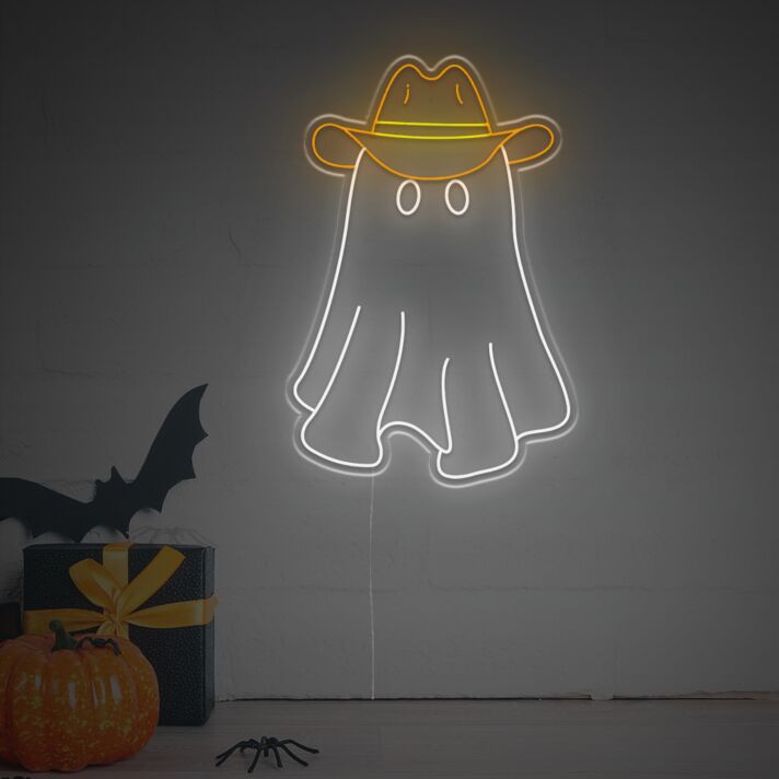 Brighten Up Your Halloween Party and Home Decor with the Spooky Charm of the Halloween Cuty Ghost With Hat LED Neon Sign.