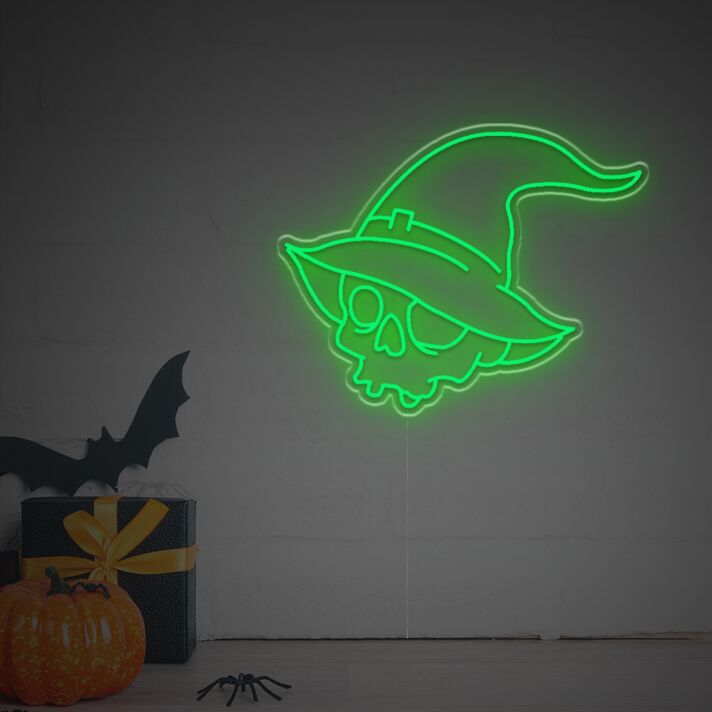 Add a Spooky Glow to Your Halloween Celebrations and Themed Parties with the Halloween Skull Head With Magic Hat LED Neon Sign.