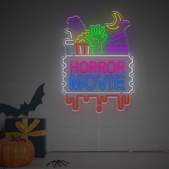 Bring a Spooky Glow to Your Halloween, Home Theater or Horror-Themed Party with the Horror Movie With Zombie Hand LED Neon Sign.