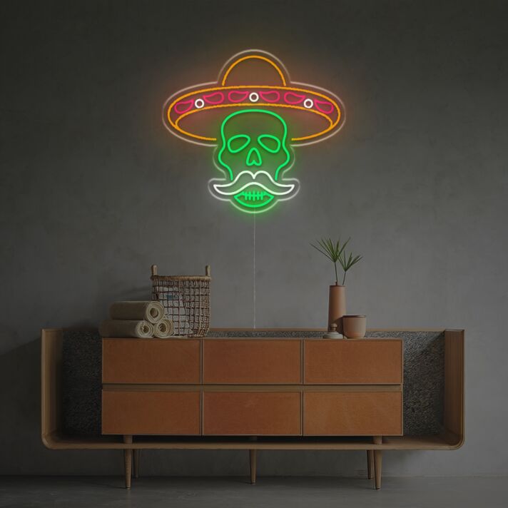 Celebrate with Vibrant Style: Skull In Sombrero For Day Of The Dead LED Neon Sign for Festive Home Decor, Bars, and Cultural Events.