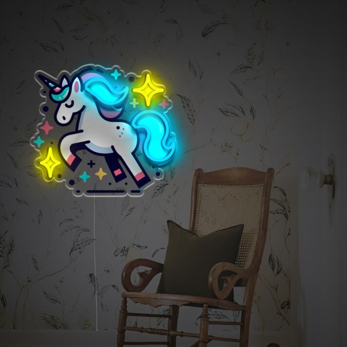 Bring a Magical Glow to Your Children's Room, Birthday Celebrations, and Play Spaces with Cartoon Unicorn With Shining Stars LED Neon Acrylic Artwork.