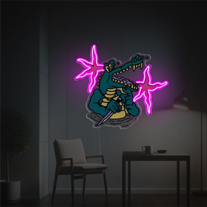Elevate Your Bar, Game Room, or Party Ambiance with the Crocodile With Knife LED Neon Acrylic Artwork