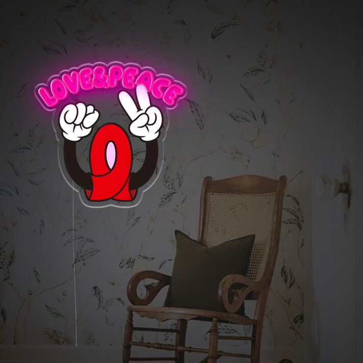Brighten Up Any Space: Love And Peace With Mickey Sign LED Neon Acrylic Artwork - Perfect for Home Decor, Office Charm, Bars, and Celebratory Events.