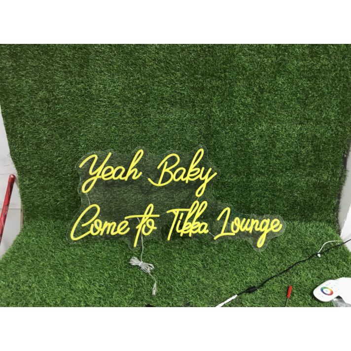Brighten Up Your Bar, Restaurant, or Home Party Ambiance with the Yeah Baby Come To Tikka Lounge Yellow LED Neon Sign.