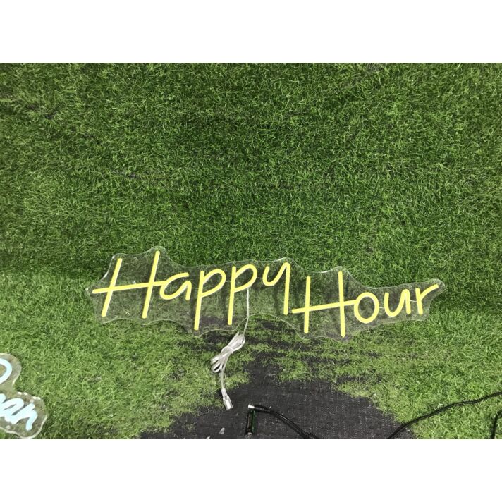 Brighten Your Bar, Office, or Home Space: Celebrate Every Moment with the Happy Plus Hour Yellow LED Neon Sign.
