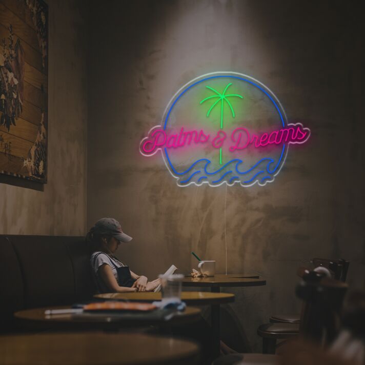 Brighten Up Your Bar, Office, or Tropical-Themed Wedding with the Palms And Dreams LED Neon Sign.