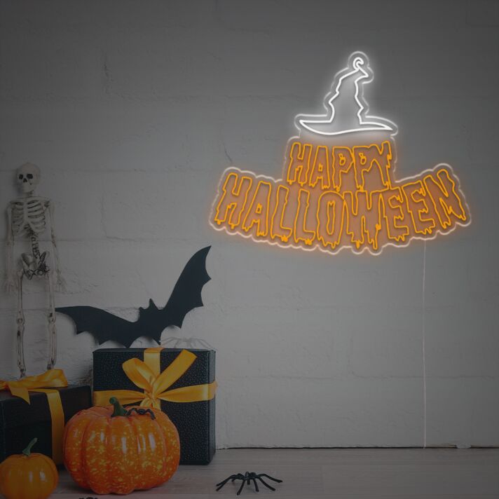 Brighten Up Your Halloween Festivities and Decor: Happy Halloween With Wizard Hat LED Neon Sign for Home, Office, and Party Ambiance.