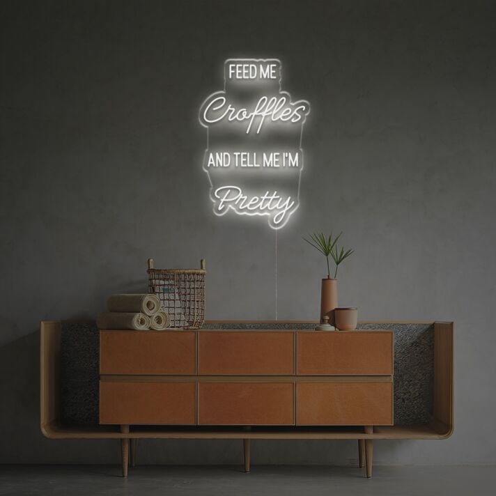 Brighten Your Space with Charm: Feed Me Croffles And Tell Me I Am Pretty LED Neon Sign, Perfect for Bars, Cafes, and Romantic Home Decor.