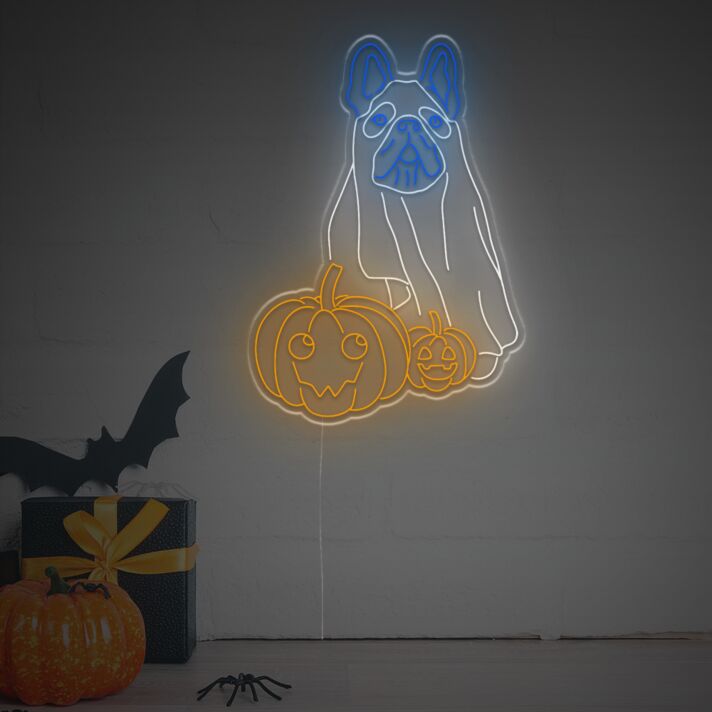 Brighten Up Your Home, Bar, or Halloween Bash with the French Bulldog Ghost With Pumpkin LED Neon Sign.