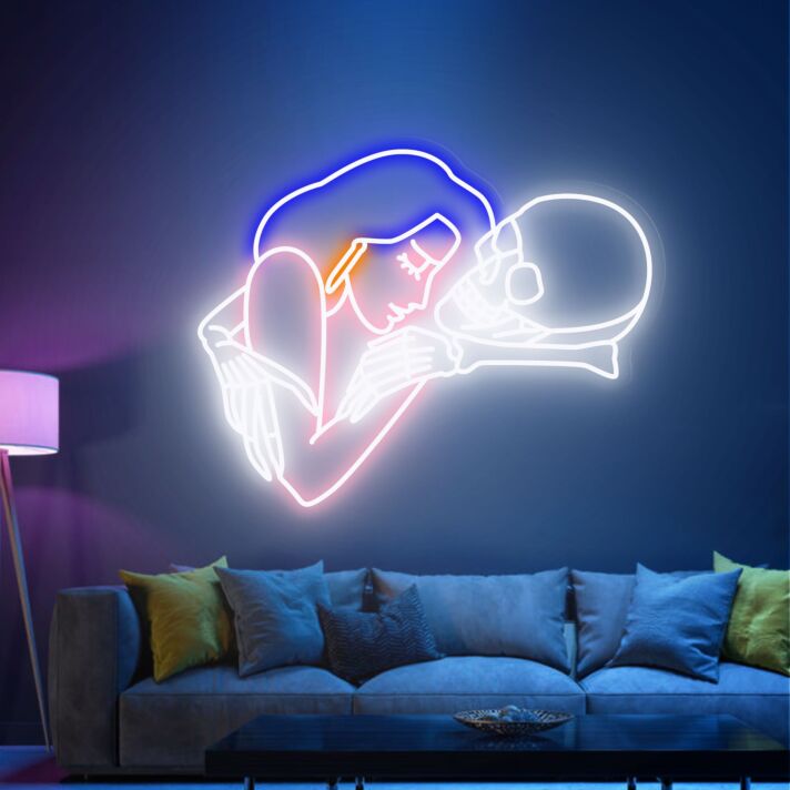Bring Romance to the Macabre - Affectionate Girl Loves Skull Neon Sign, Perfect for Bars, Gothic Weddings, and Edgy Home Décor.