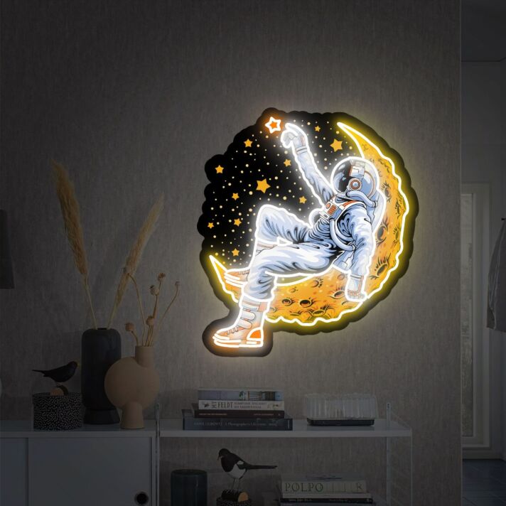 Elevate Your Space: Astronauts Lying On Moon Space UV Neon Sign - Perfect for Bedrooms, Offices, and Trendy Cafes.