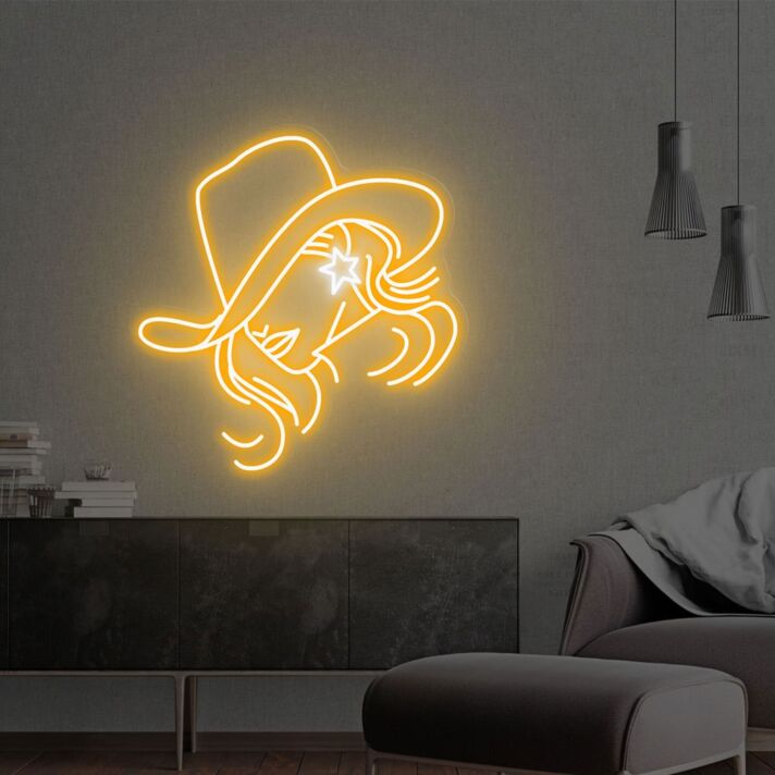 Elevate Your Space: Beautiful Girl With Cowboy Hat Neon Sign, Perfect for Game Room, Bar, and Home Office Decor.