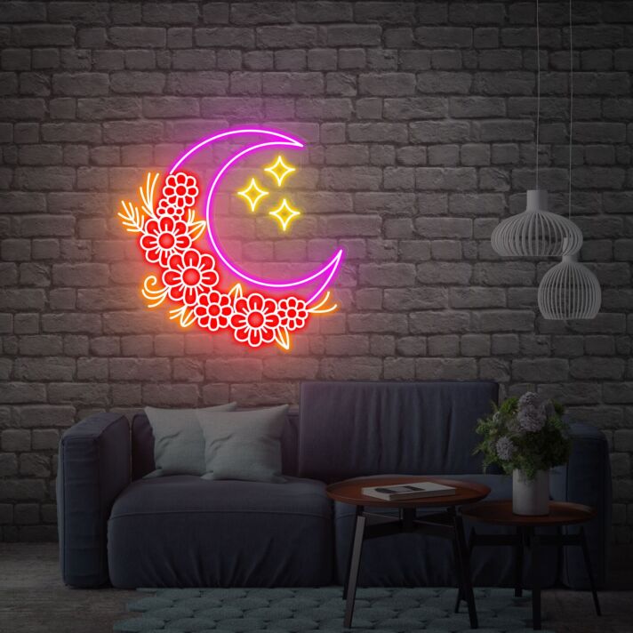 Brighten Your Nights and Celebrate in Style: Moon Flower Star Neon Sign Handmade Art Neon Light White Vibes for Wall Decor, Perfect for Bars, Weddings, and Trendy Home Settings