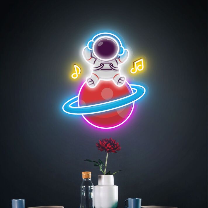 Enhance Your Space with Music Astronauts Sitting On Planet Led UV Neon Sign - Perfect for Home Decor, Bars, and Party Vibes