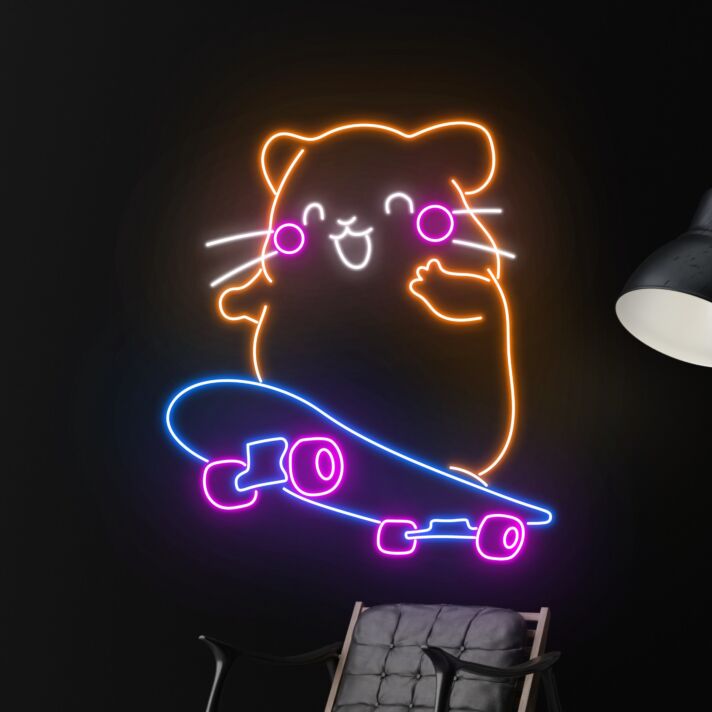 Brighten Up Your Skate Shop or Bedroom with the Vibrant Hamster Skateboarding LED Neon Sign - Perfect for Parties, Home Décor, and Unique Office Ambiance.