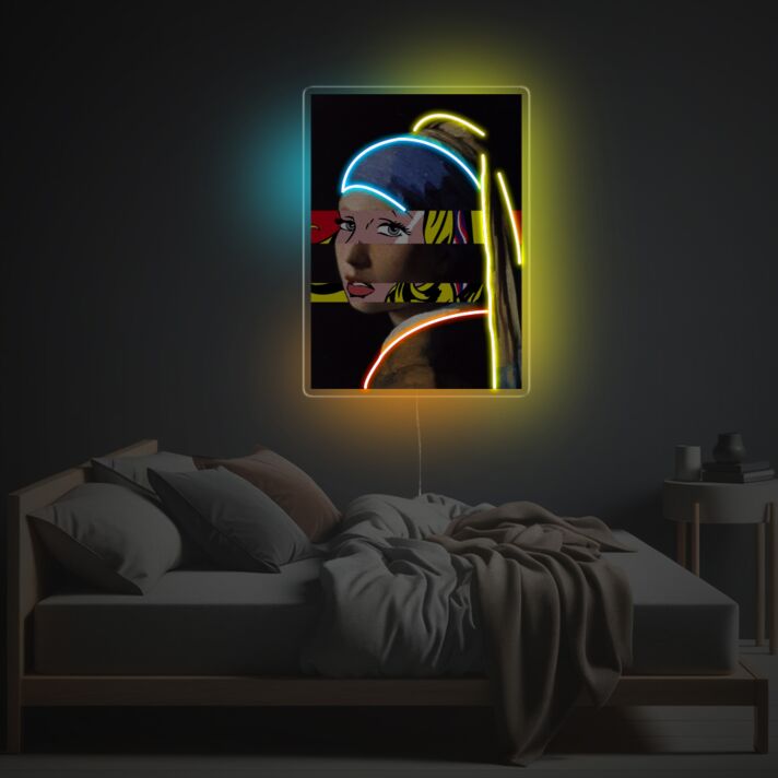 Girl Wearing Pearl Earrings Protrait In Pop Style LED Neon Acrylic Artwork