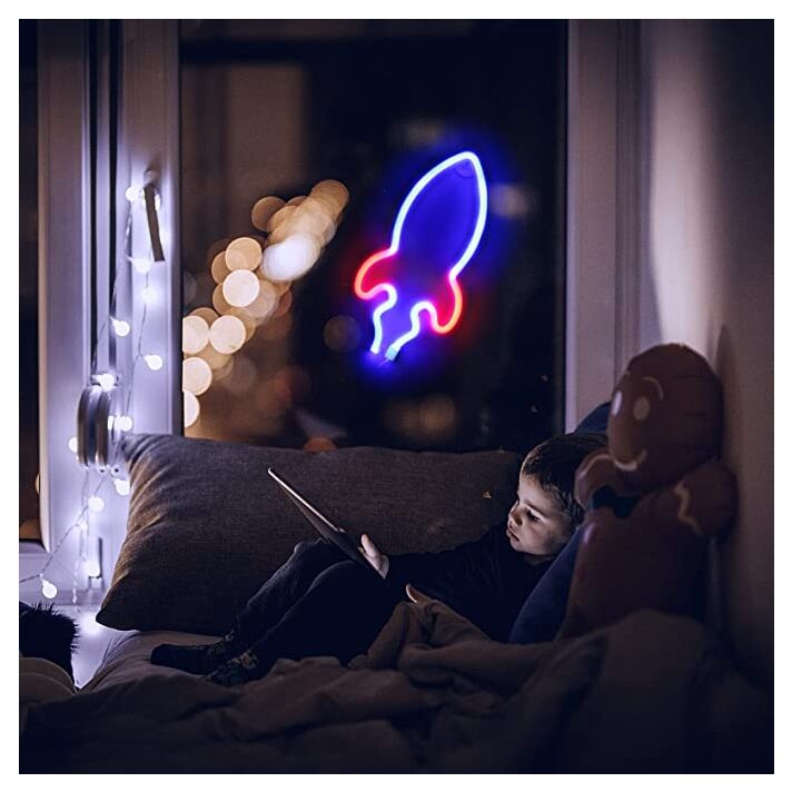 Led Neon Rocket Signs Light Wall Hanging Decor Blue And Red Signs