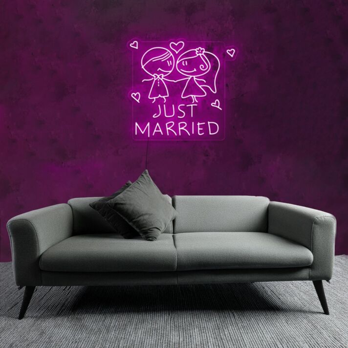 Customize JUST MARRIED Cartoon Bride and Groom Romantic Decor Neon