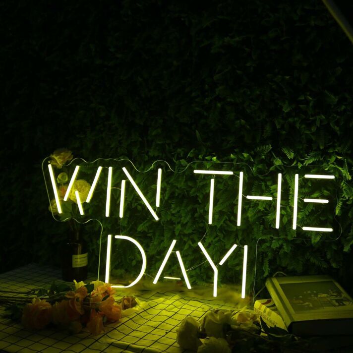 Win The Day Yellow Neon Sign for Inspirational and Motivational Spaces