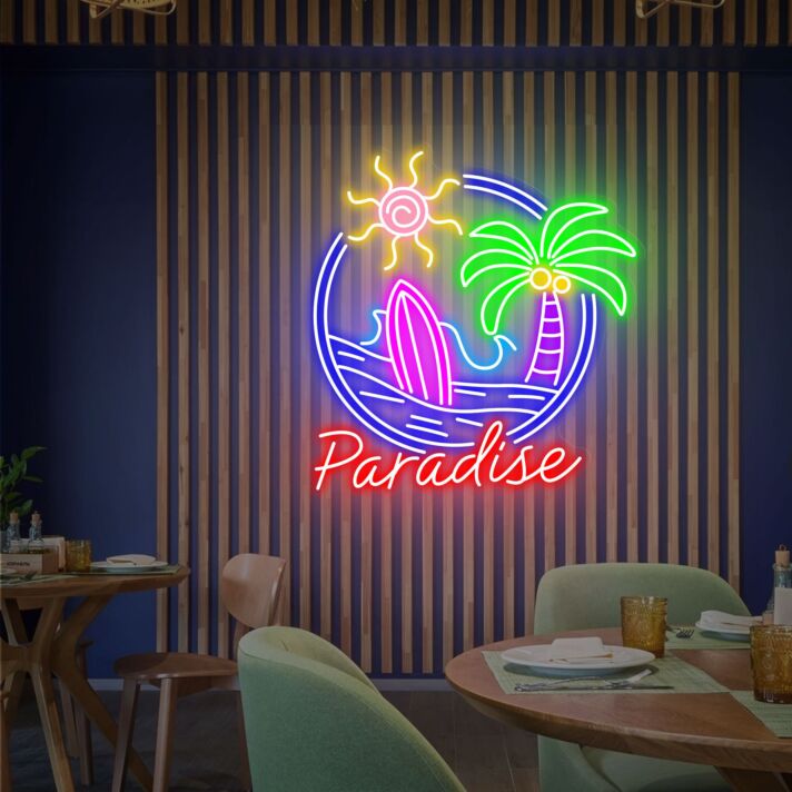 Paradise Beach View Neon Sign Coconut Tree LED Light Palm Tree Beach Sign for Tropical and Relaxing Decor