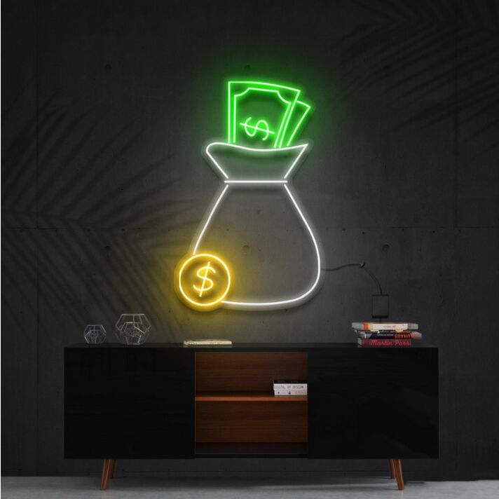 Cash Bag Multicolour Neon Sign for Wealth Themed Decor