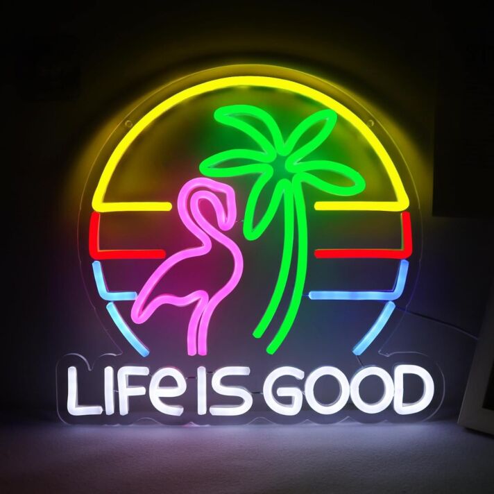Green Coconut Tree and Deep Pink Crane Life is Good Neon Sign Living Room