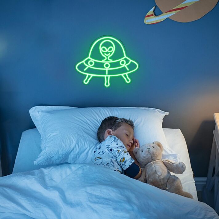 Green UFO Neon Sign Alien Theme Kids Room
