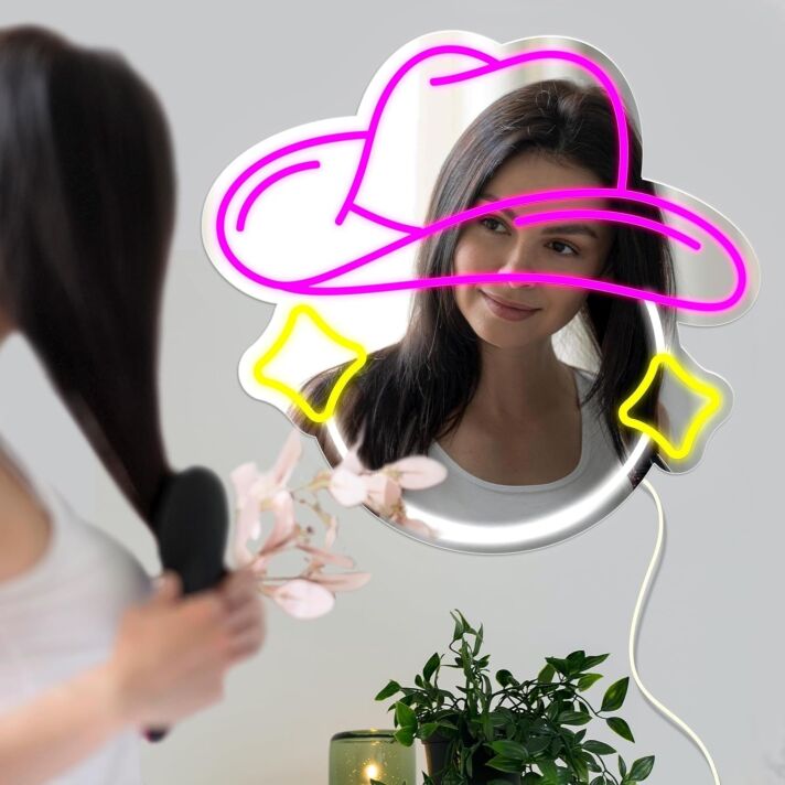 Hat Styling Neon Mirror Sign Fashion Studio Vibes