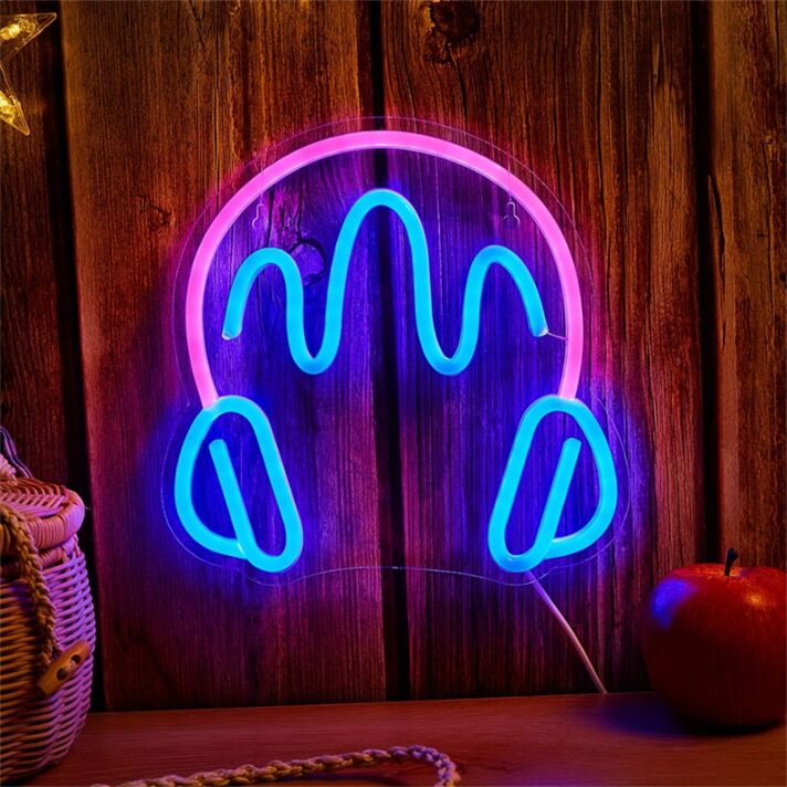 Elevate Your Space: Headphones Style Blue LED Neon Sign for Home Decor, Office Vibes, and Trendy Bar Ambiance